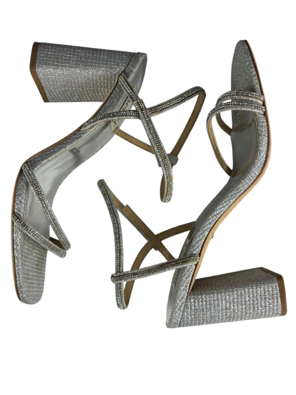 BADGLEY MISCHKA FIREY RHINESTONE SILVER BLOCK HEEL OPEN TOE HEELS